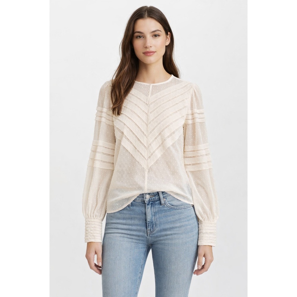 Zimmermann Women's Swiss Dot Pleated Blouse Cream‎ Sheer Balloon Sleeve Top- S